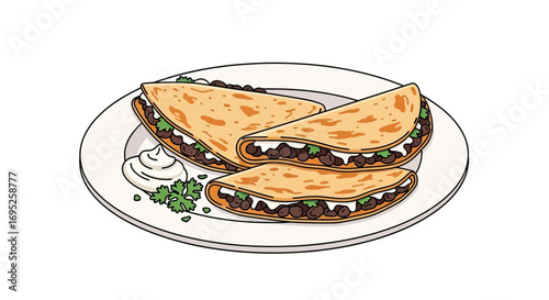 Delicious quesadillas illustration with melted cheese and sour cream dip