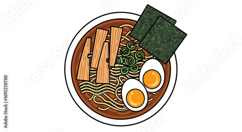 Delicious ramen bowl illustration with toppings, perfect for food blogs
