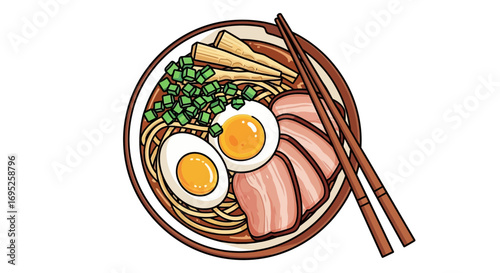 Delicious Ramen Illustration with Noodles, Eggs, Pork, and Green Onions