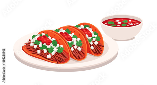 Delicious Tacos Al Pastor on a Plate with Broth in a Bowl Illustration