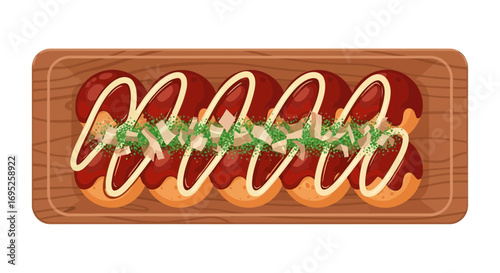 Delicious takoyaki balls on a wooden serving board, japanese street food