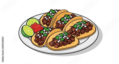 Delicious tacos with meat, cilantro, onion and lime presented creatively
