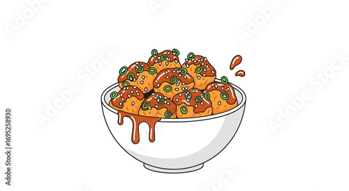 Delicious takoyaki balls served in a bowl on a white background illustration
