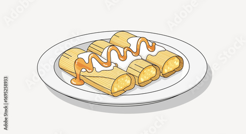 Delicious tamales topped with cream and syrup on a white plate drawing