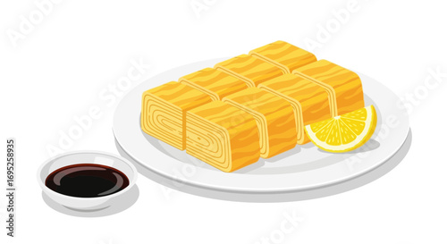 Delicious Tamagoyaki Japanese omelette served with a slice of lemon
