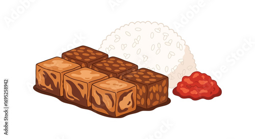 Delicious tempeh illustration with rice and sambal, perfect for design assets