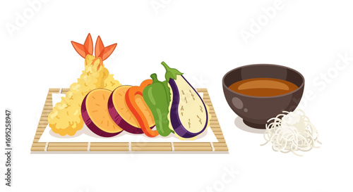 Delicious tempura and vegetable dish with dipping sauce on a white background