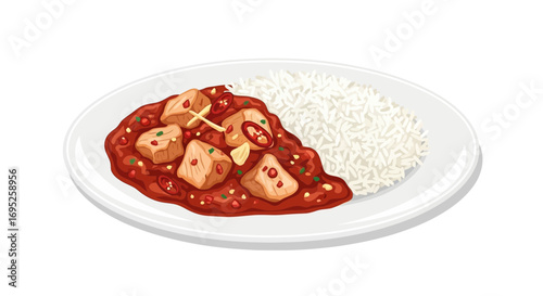 Delicious thai chicken curry with steamed rice served on a white plate