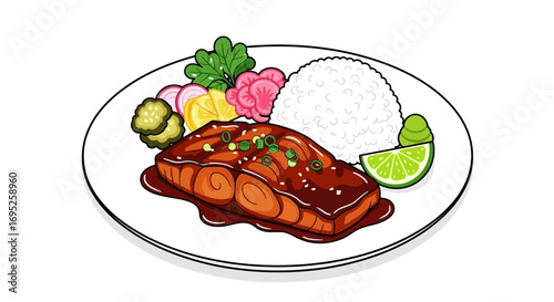 Delicious Teriyaki Salmon Platter with Rice and Zesty Lime Wedge Artwork
