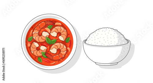 Delicious Thai Shrimp Curry Illustration with Steamed Rice Bowl