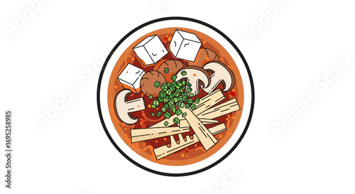 Delicious Tofu and Mushroom Hot Pot Bowl Illustration on White Surface