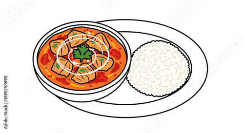 Delicious tofu curry illustration accompanied by fluffy white rice portion