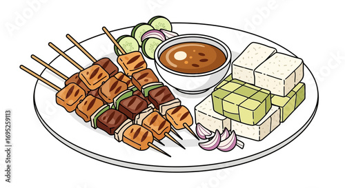 Delightful skewers with peanut sauce, rice cakes, and salad on white plate