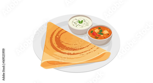 Delightful South Indian breakfast composition of dosa, sambar and chutney