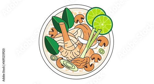 Depiction of Vibrant Tom Yum Soup Bowl with Fresh Ingredients isolated