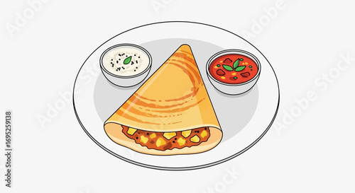 Dosa served with chutney and sambar, traditional South Indian cuisine