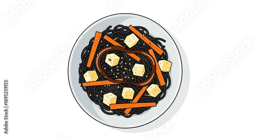 Elegant black bean noodles dish with tofu and sesame seed garnish on plate
