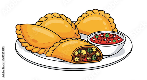 Empanadas with savory filling accompanied by vibrant tomato salsa dip