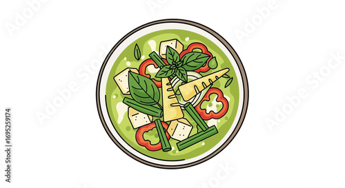 Exotic thai green curry illustration with tofu and fresh vegetables