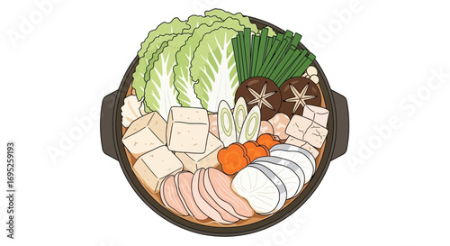 Exquisite Japanese Nabemono Hot Pot Illustration with Fresh Ingredients