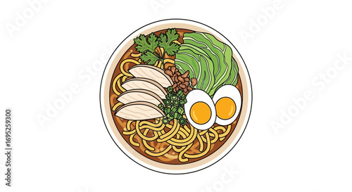 Illustration of a comforting bowl of flavorful ramen with various toppings