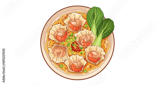 Illustration of a delightful wonton noodle soup with bok choy garnish