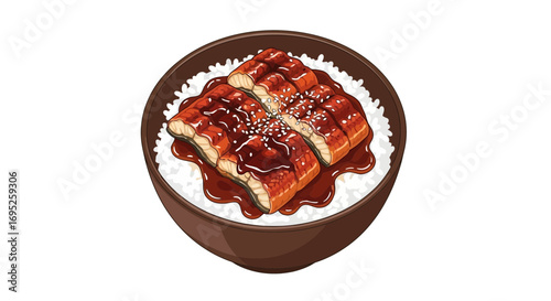 Illustration of a Delicious Unadon Dish with Rice and Glazed Eel