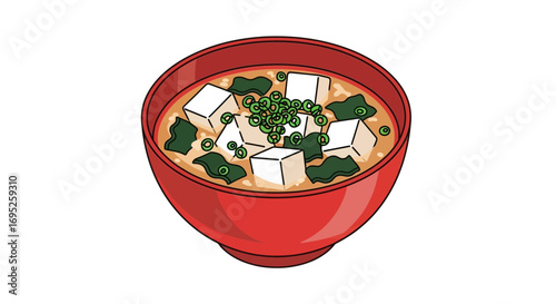 Illustration of a savory miso soup bowl with tofu and spring onions