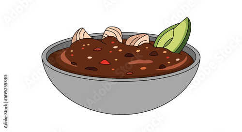Illustration of delicious mole sauce with avocado and toasted sesame seeds