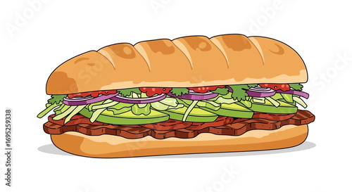 Illustration of a vibrant, fully loaded vegan sub sandwich on white backdrop