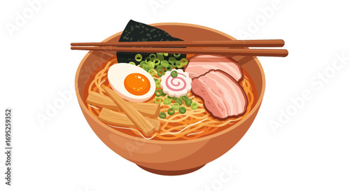 Illustration of Delicious Ramen Bowl with Various Toppings and Wooden Chopsticks