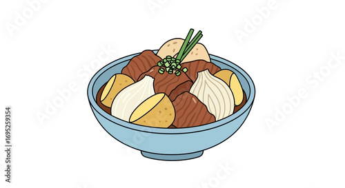 Illustration of hearty braised beef stew with vegetables in blue bowl