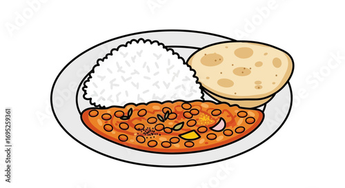 Illustration of Indian cuisine dish with rice, roti, and chhole masala