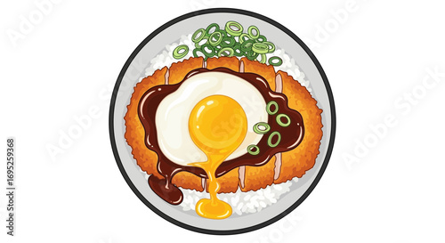 Illustration of katsudon with a sunny side up egg and scallions on plate