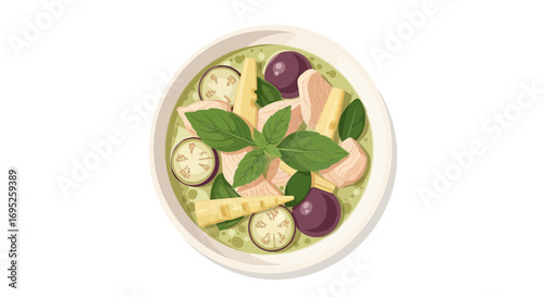 Illustration of thai green curry, vibrant dish with fresh vegetables
