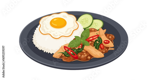 Illustration of Thai Basil Chicken with rice and fried egg on a plate