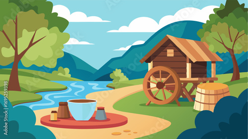 A shaded picnic spot next to an oldfashioned wooden water mill with the soothing sound of the river providing a serene soundtrack.