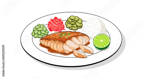 Illustration of Teriyaki Salmon Meal with Traditional Japanese Accompaniments