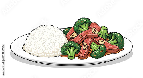 Stylized beef with broccoli and rice presentation for culinary designs