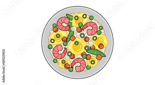 Stylized Fried Rice Dish with Shrimp, Eggs, and Vegetables on Plate