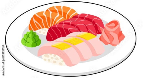 Stylized sushi plate showcasing an array of fresh japanese delicacy