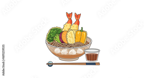 Tempura udon noodle soup illustration served with vegetables and broth