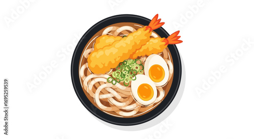 Tempura udon with soft boiled egg, a comforting bowl of japanese noodles