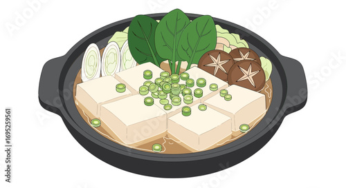 Tofu Hot Pot Illustration with Shiitake Mushrooms and Greens Design