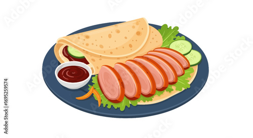 Traditional Chinese Peking Duck Dish with Pancakes and Sweet Sauce