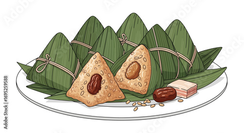 Traditional Chinese Zongzi dumpling food, colorful vector illustration