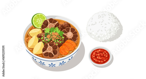 Traditional indonesian oxtail soup dish complete with rice and chili sauce