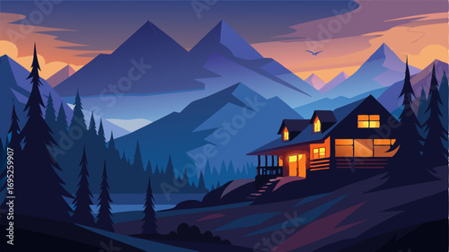 As the last rays of sunlight disappear the mountain lodge at dusk becomes a tranquil oasis in the midst of the darkening mountains.