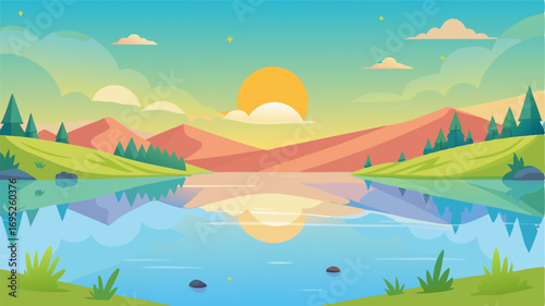 A sunkissed lake in the countryside its calm waters offering a perfect mirror image of the surrounding landscape. The soft chirping of crickets can be heard adding to the peaceful
