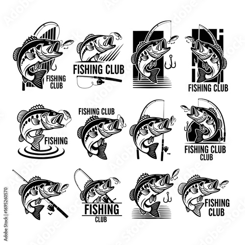 A collection of twelve monochrome fishing club logos, each featuring a largemouth bass jumping for a lure on a fishing line.